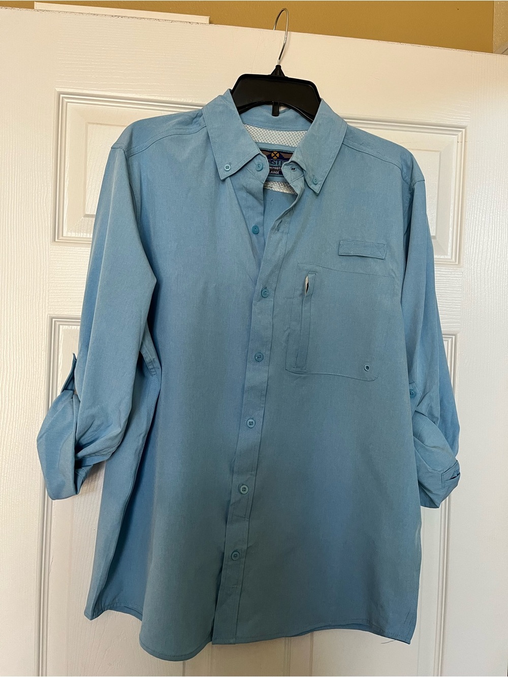 Men's Light Blue Casual Button-Down Shirt - Long Sleeve Fishing Shirt.